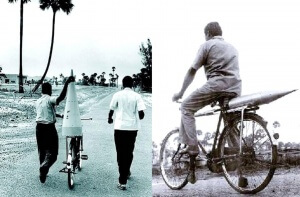 Exemple : la 1ere fusée lancée en 1963 en Inde dont les pièces ont été transportées à vélo !