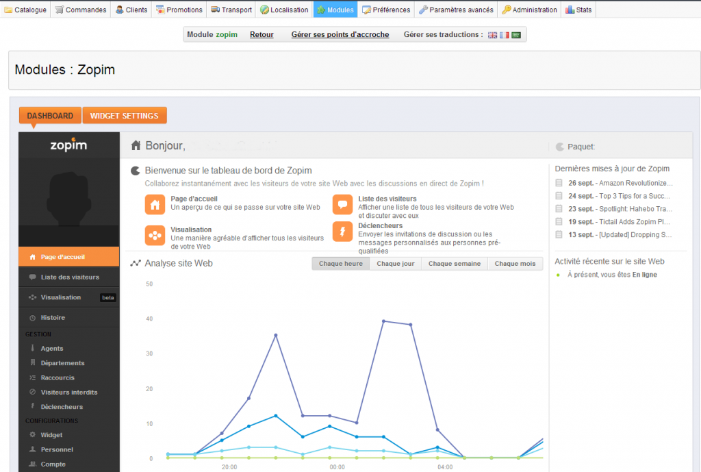 Administration : Tableau de bord de Zopim