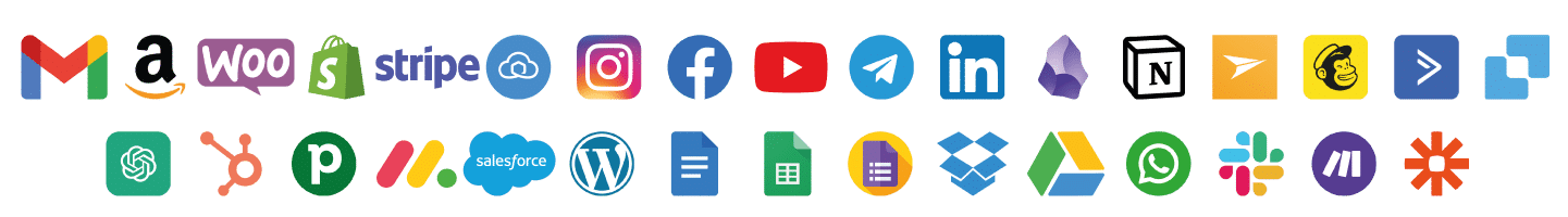 Tops des applications à connecter avec les automatisations et l'IA - GMail, Amazon, WooCommerce, Shopify, Stripe, Sendcloud, Instagram, Facebook, Linkedin, YouTube, Mailjet, ActivCampaign, GetResponse, Telegram, Obsidian, Notion, AirTable, Mailchimp, Dropbox, GoogleDrive, ChatGPT, HubSpot, Pipedrive, Salesforce, Monday, Google Docs, WordPress, Whatsapp, Slack, Make, Zapier...